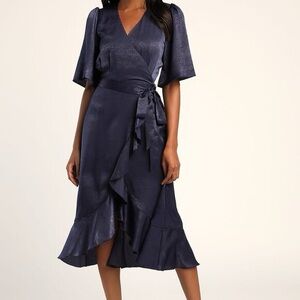 Navy Satin Midi Wrap Dress